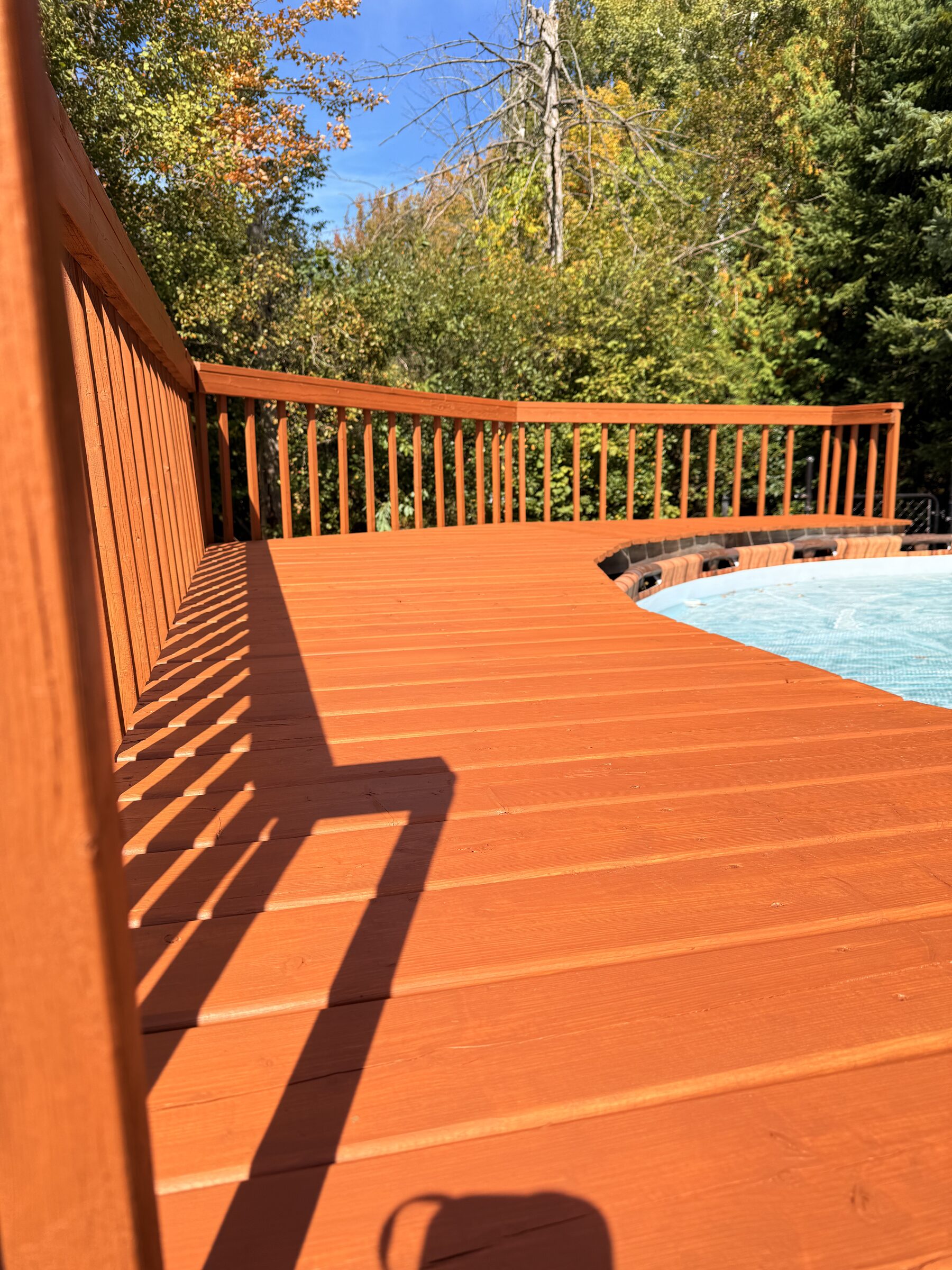 After: Freshly stained pool deck with matching curved railing